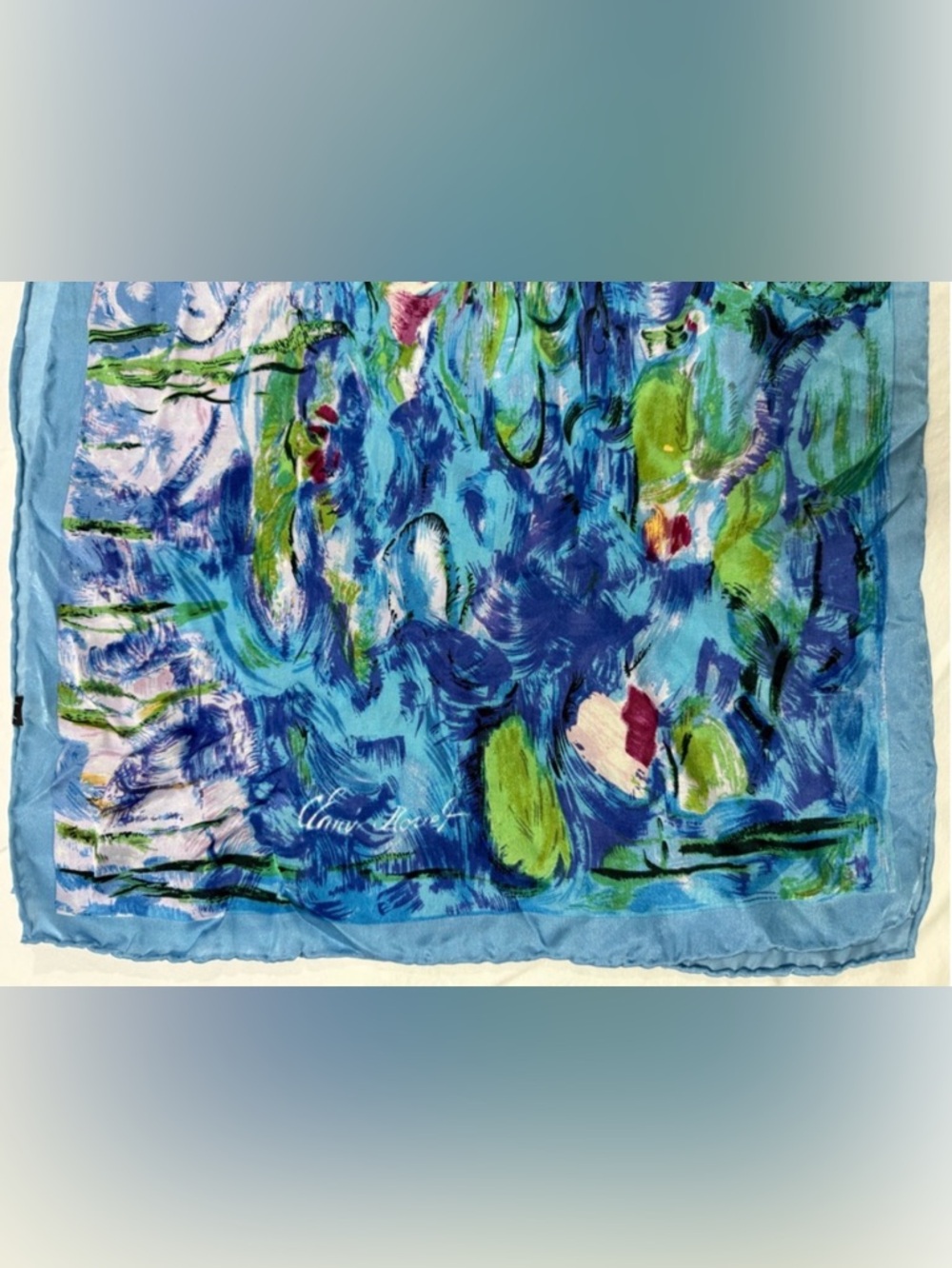 Claude Monet Water Lilies Silk Scarf Blue Museum Art Wrap 62” - Picture 8 of 9